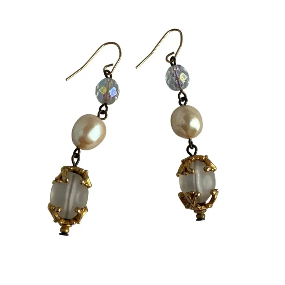 Vintage Inspired Gold Tone Dangle Earrings Faux Pearls Clear Crystals Frosted